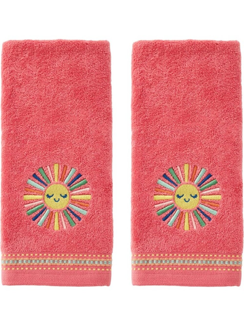 Colorful Embroidered Sun Hand Towel Set - 2pc, Soft 100% Cotton, Coral Decor